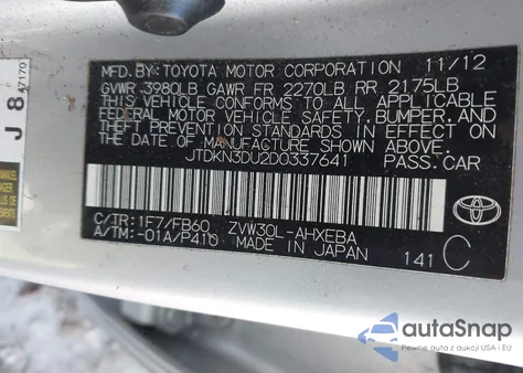 2013 Toyota Prius z USA, uszkodzony, nr VIN JTDKN3DU2D0337641